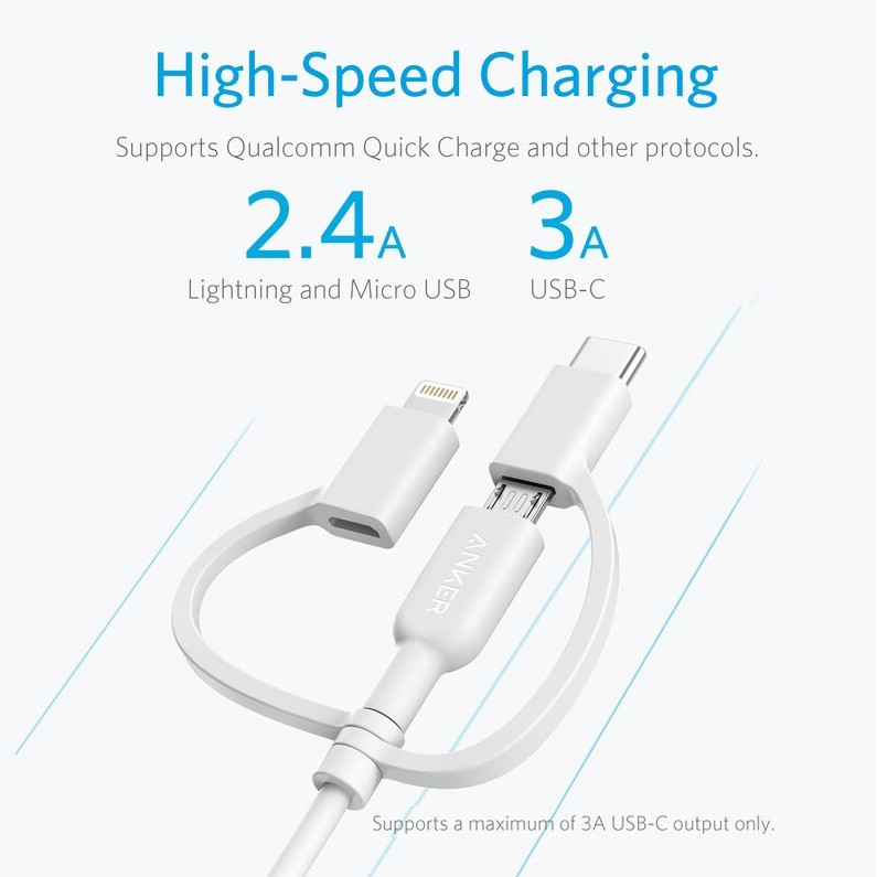 Dây Cáp Sạc 3 in 1 Anker A8436 Powerline II 0.9M Lightning - Type C - Micro USB cho iPhone Samsung Oppo 3 đầu IP 12 11 X