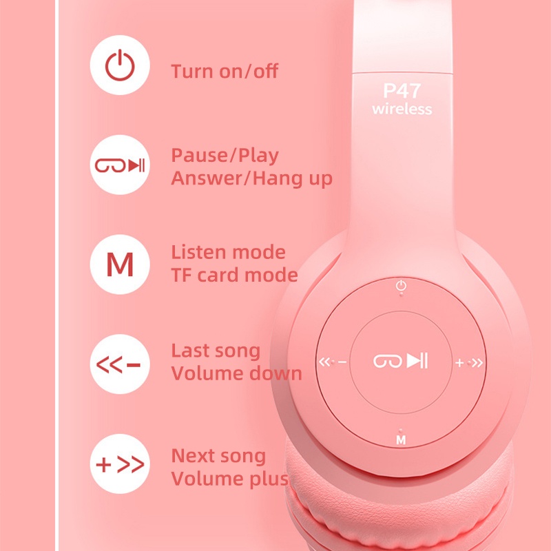 Tai Nghe Bluetooth 5.0 Không Dây P47 Có Đèn LED Hình Tai Mèo Có Thể Sạc Lại