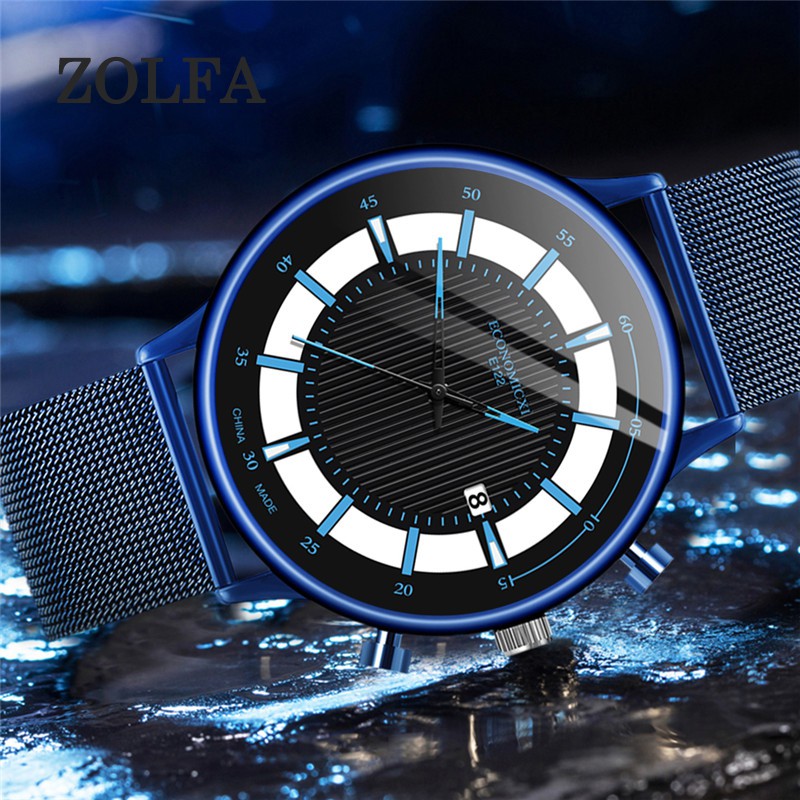 ZOLFA Luxury Brand Men Mesh Belt Watches Fashion Hollow Business Date Quartz Watch Mens Analog Clocks Đồng hồ nam