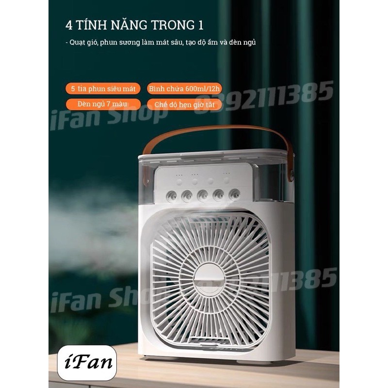 Quạt Phun Sương iFan, quạt bàn Air Cooler Fan với 5 vòi phun + bình chứa 600ml, có 7 màu đèn ngủ và 3 chế độ hẹn giờ tắt
