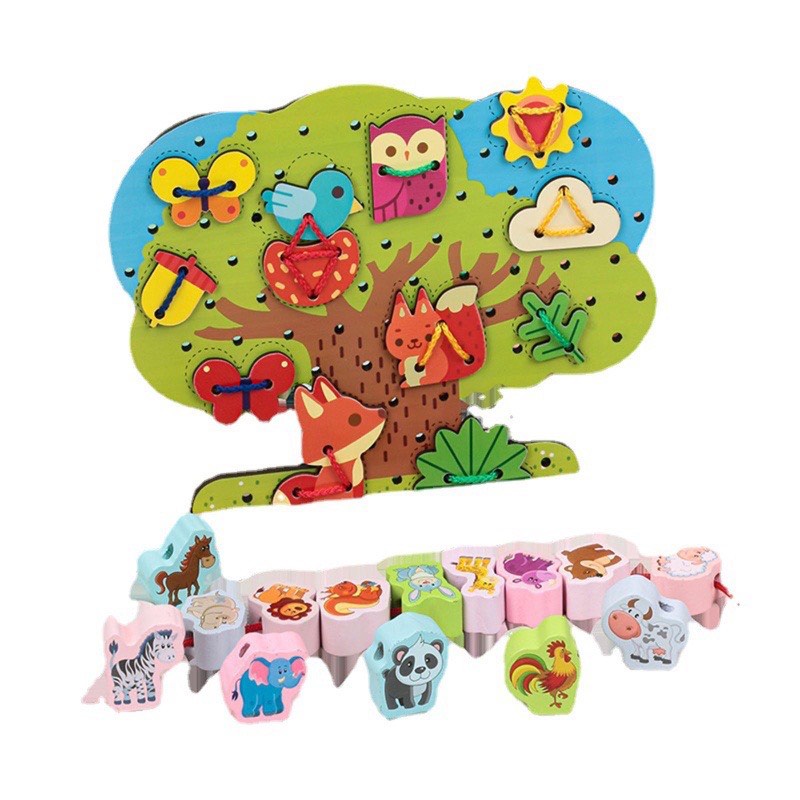 Đồ chơi hạt gỗ luồn cây Montessori Puzzle Đạo cụ dạy học toán tương tác trẻ em