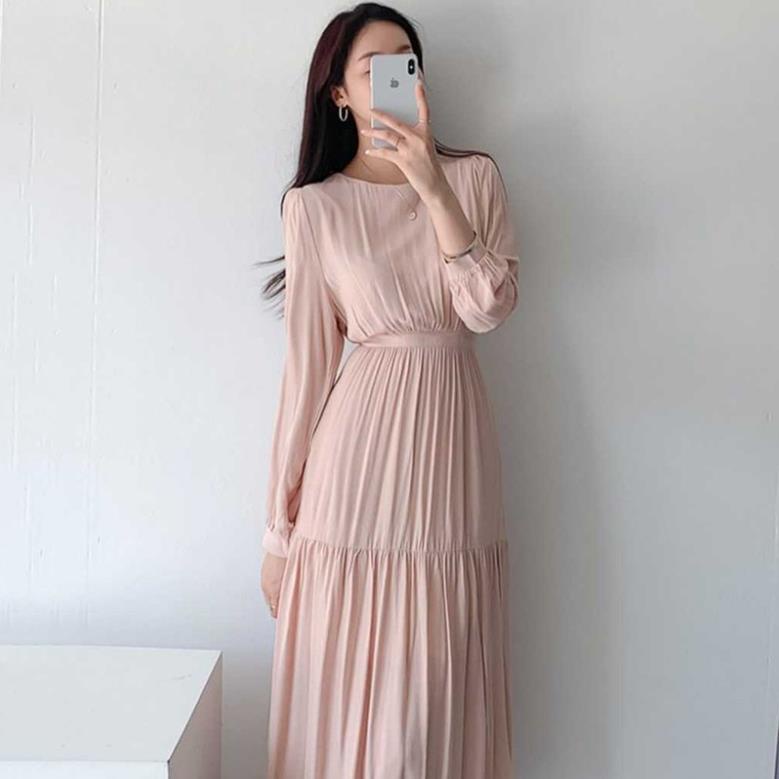 (ORDER) Váy voan dài tay thun eo xòe dài xếp ly đơn giản sang trọng thanh lịch kiểu Pháp