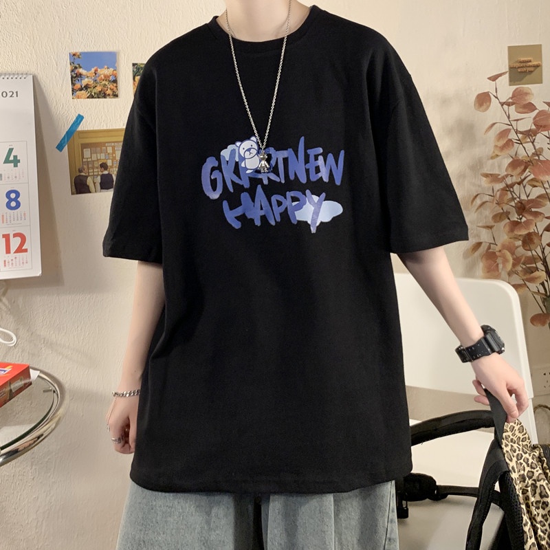 Áo Thun Tay Ngắn Cổ Tròn Dáng Rộng In Hình Gấu Và Chữ Thời Trang Cho Nam Size M-5XL