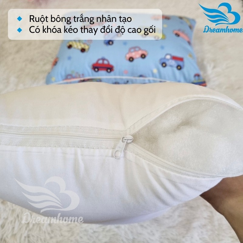 Gối trẻ em cotton 100% Size 30x50 cm, gối cho bé có khóa kéo ruột bông gòn trắng Dreamhomebedding