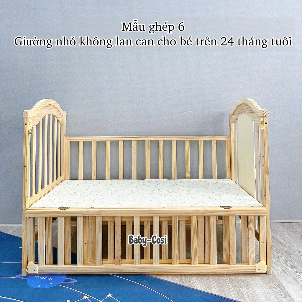 Nôi cũi gỗ giường đa năng cho bé 6in1 Baby Cosi Tặng kèm màn và bánh xe - Nôi gỗ dùng cho bé sơ sinh đến 6 tuổi