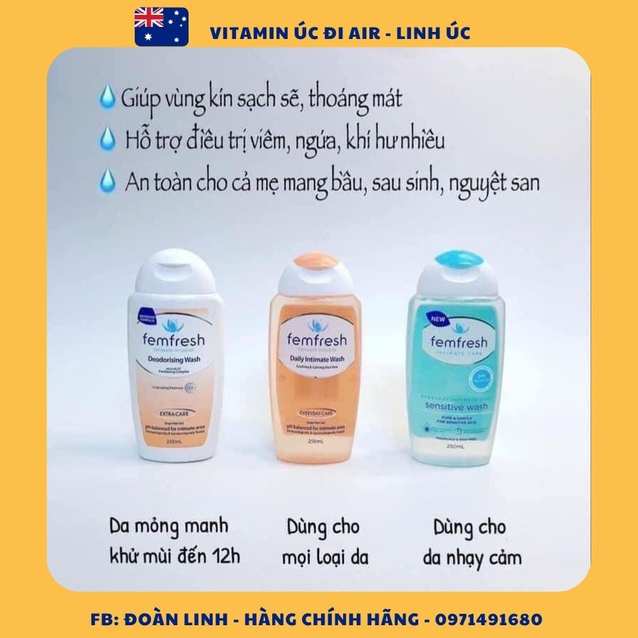 Femfresh Dung dịch vệ sinh Phụ Nữ Úc 250ml, Hàng chuẩn Úc Đi Air, Dung Dịch Vệ Sinh Phụ Nữ Femfresh