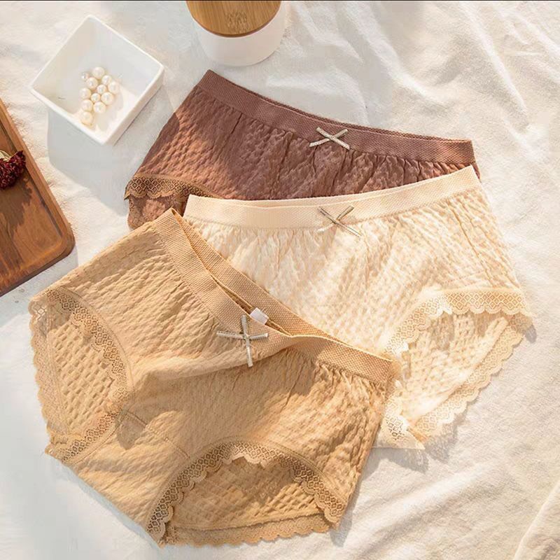 Quần lót Nữ Cotton Dệt Kim , Quần Chip Nữ kháng khuẩn thoáng mát đính nơ và phối ren xinh tôn vòng 3  QL182