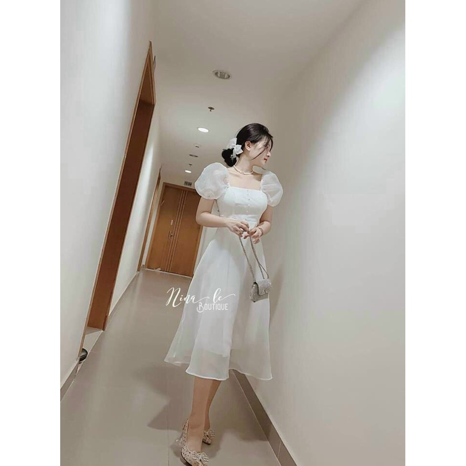 Đầm xòe tiểu thư tay bồng cổ vuông thanh lịch trẻ trung