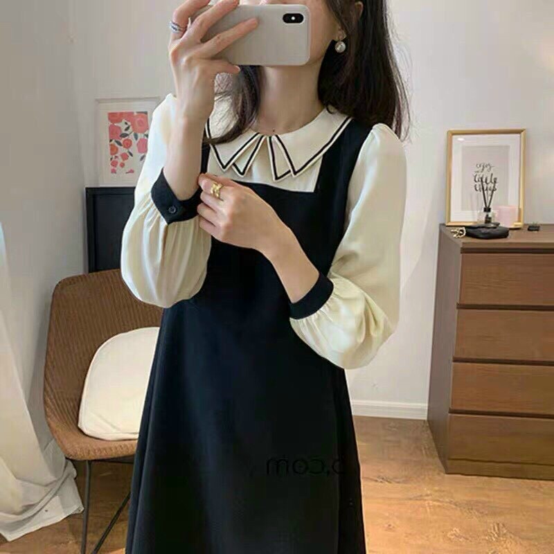 Váy đầm nữ dáng suông tay dài cổ chạy viền dễ thương | BigBuy360 - bigbuy360.vn