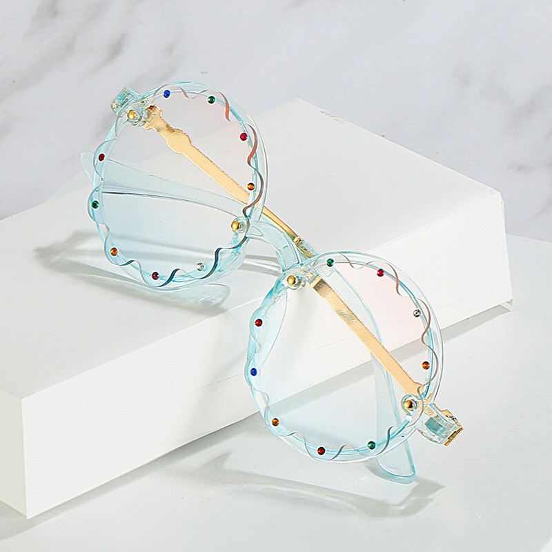 Kính Chống Tia UV400 PTQ Gọng Tròn Phối Ren Đính Đá Thời Trang Cho Bé