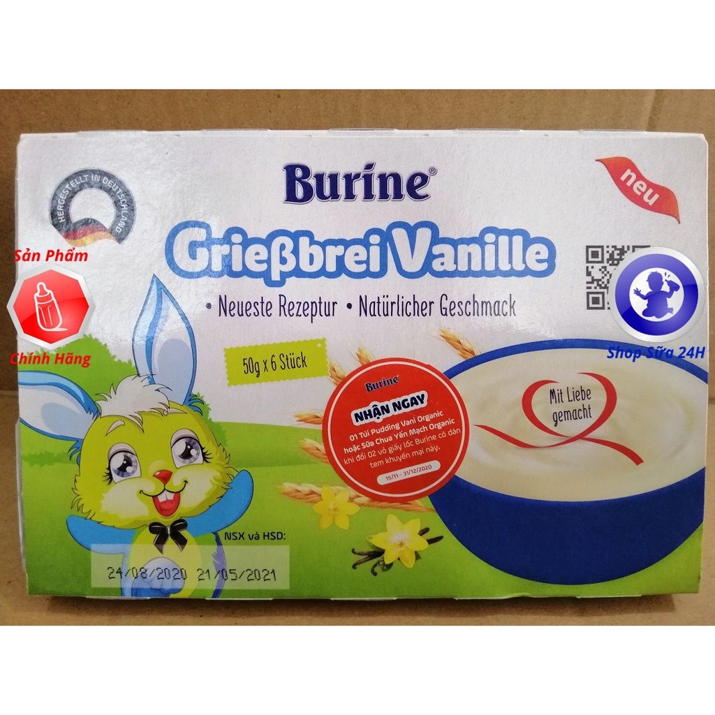 [MẪU MỚI] Cháo Sữa Burine Đủ Vị Pudding, Bích Quy, Vani Lốc 6 Hộp x 50g