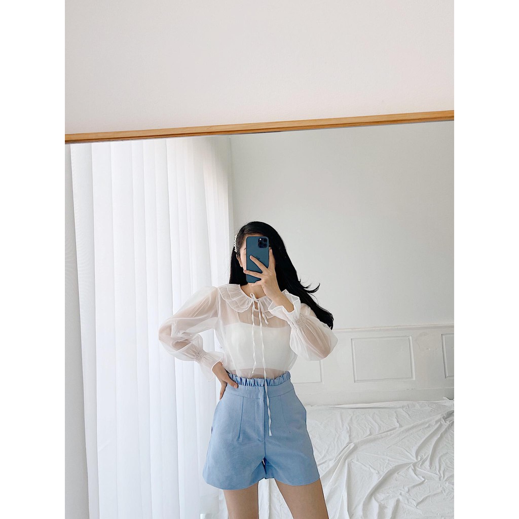 Quần shorts HEYBEE lưng cao xếp bèo, chất vải cotton màu xanh siêu xinh PERDITA SHORTS HT647