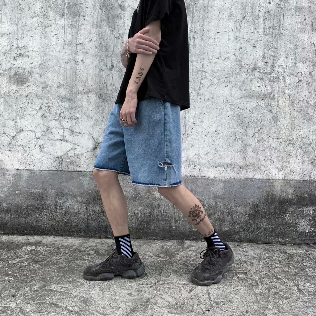 Quần Short Denim Ống Rộng Phối Rách Cá Tính Dành Cho Nam/ Kích Cỡ S-5XL | BigBuy360 - bigbuy360.vn