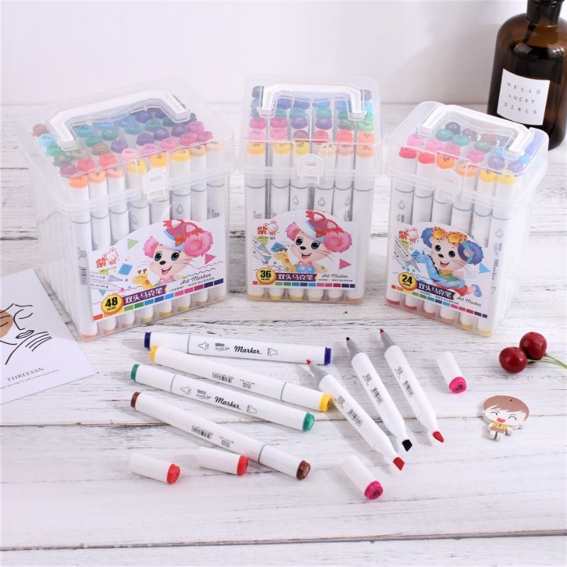 Bút màu marker 2 đầu- Bút màu dạ cồn Marker - Hộp màu Nhựa vuông Cao Cấp