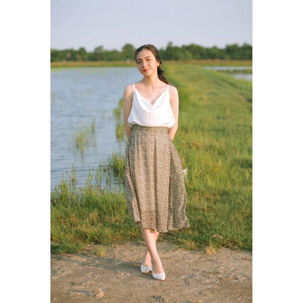 Chân váy midi chữ A dáng dài hoạ tiết hoa nhí vintage V210537 (có 4 màu: xanh rêu, tím nhạt, đỏ gạch, nâu đất) | BigBuy360 - bigbuy360.vn