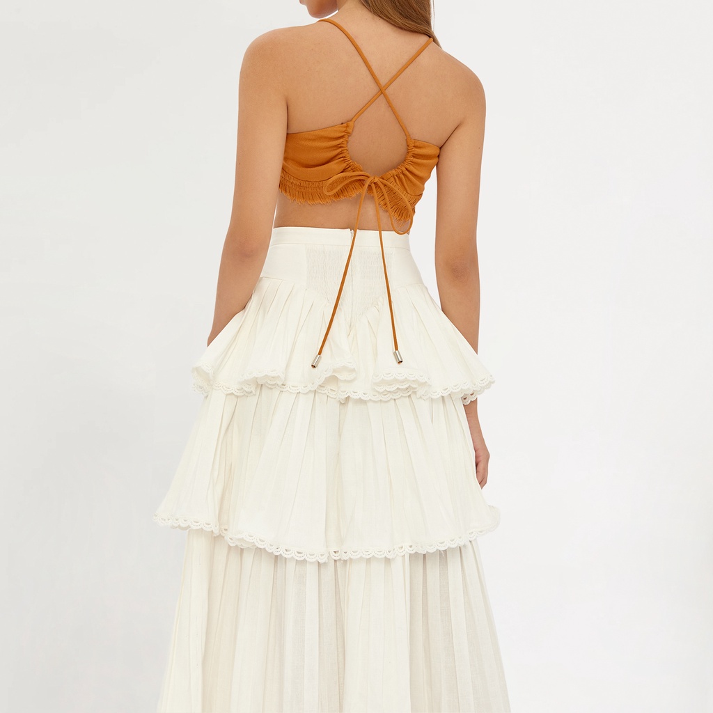 DEAR JOSÉ - Chân váy dài 3 tầng xếp ly Lilo vải linen trắng