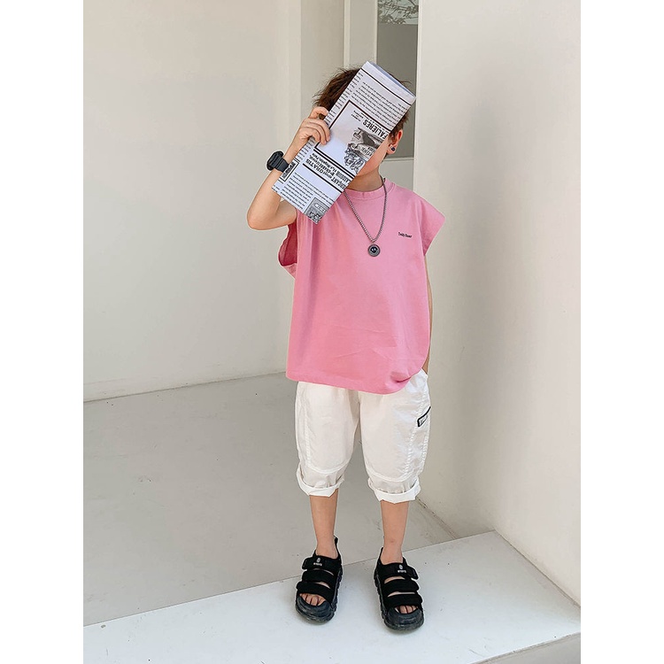 Áo Thun Cotton Sát Nách Dáng Rộng Thoáng Khí In Họa Tiết Chú Gấu Dễ Thương Thời Trang Cho Bé Trai