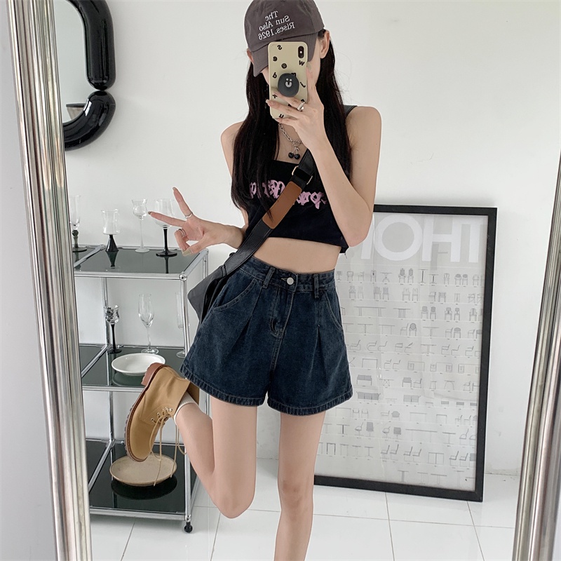 QOEDDV Quần Short Denim Chữ A Lưng Cao Ống Rộng Phong Cách Hong Kong Cho Nữ