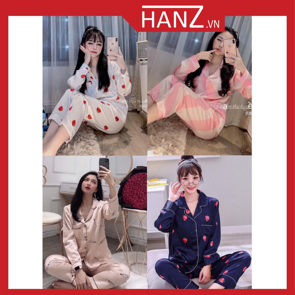 [ Mã FASHIONT4WA giảm 10K đơn 50K] Bộ ngủ pijama lụa kate thái áo dài quần dài bộ mặc nhà Hanz.vn mềm mại dễ thương H1NN