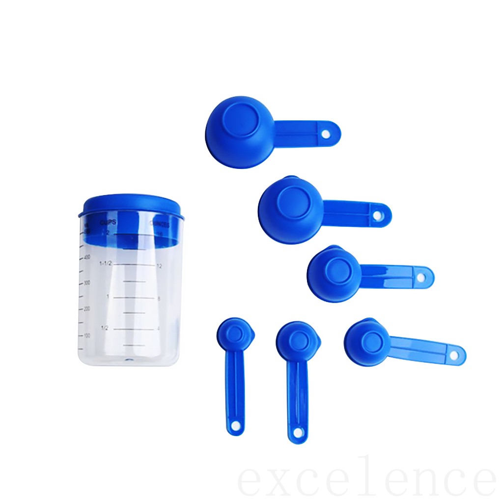Bộ 7 sản phẩm gồm muỗng và cốc đong 500ml có vạch đo bằng nhựa dùng để làm bánh trong nhà bếp