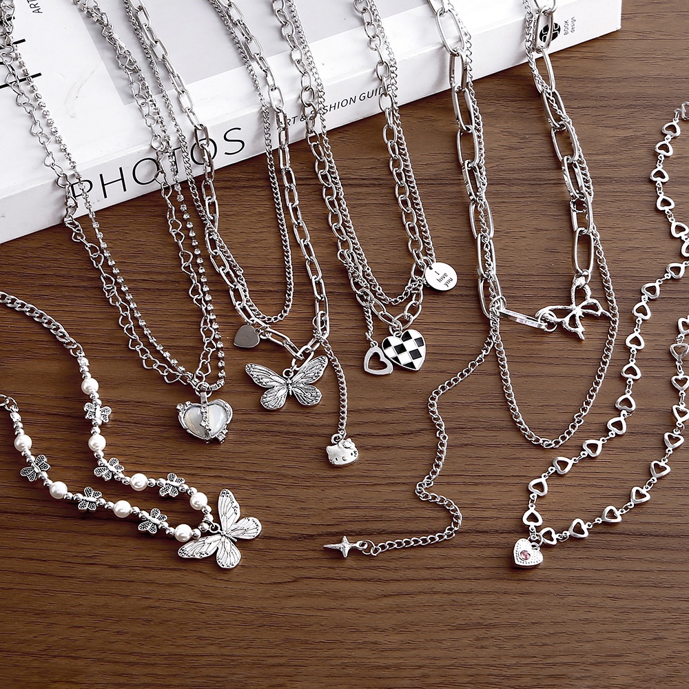 Vòng cổ Mạ Bạc 2K Mặt Hình Bướm / Bảng Chữ Thập / Trái Tim Đính Ngọc Trai Thời Trang Cho Nữ