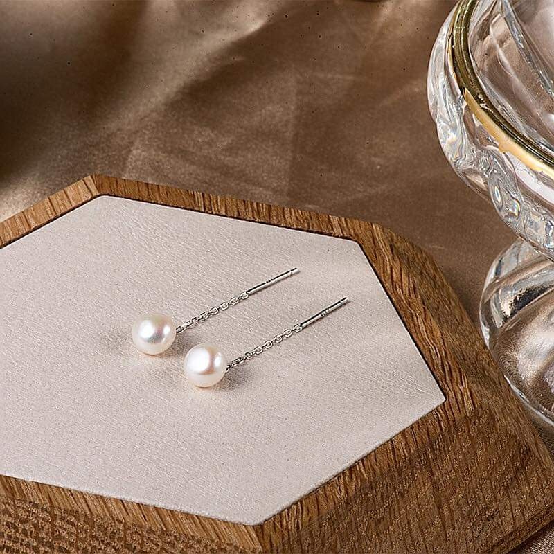 Khuyên tai bạc Khuyên tai Ngọc Trai nhân tạo xỏ móc xích cổ điển Van Jewelry V10440