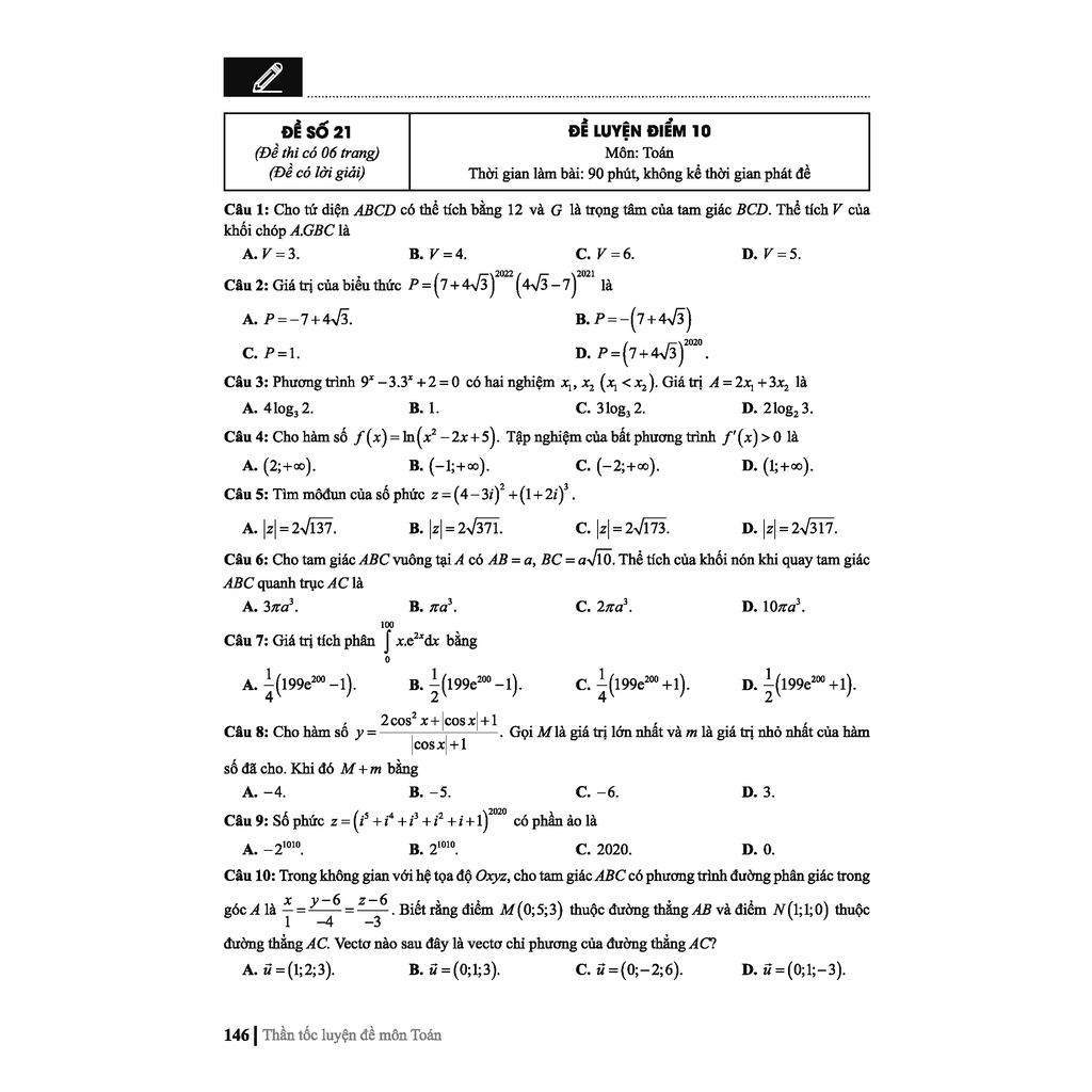 Sách Thần tốc luyện đề 2022 môn Toán Chinh phục kì thi tốt nghiệp THPT QG Đại Học Cao Đẳng