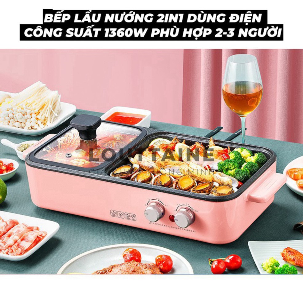 Bếp lẩu nướng 2in1, bếp điện đa năng 2 ngăn lẩu và nướng