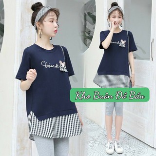 Áo bầu thời trang chất cotton họa tiết ngộ nghĩnh phối kẻ Karo xinh xắn trẻ trung A090