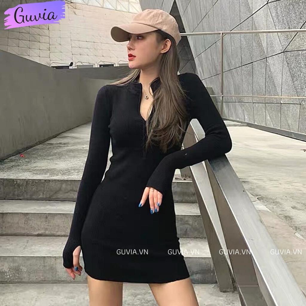 Đầm Váy Body Phối Khoá Kéo Trước Thiết Kế Cổ Chữ V Quyến Rũ Váy Ôm Dáng Nhún Eo Dài Tay GUVIA