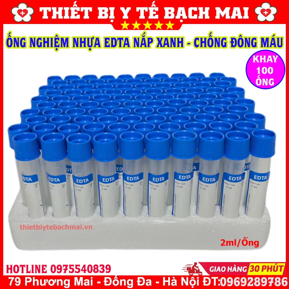 ✅ EDTA 🍀 Hộp 100 Ống Nghiệm Nhựa Chống Đông Máu, Nắp Xanh