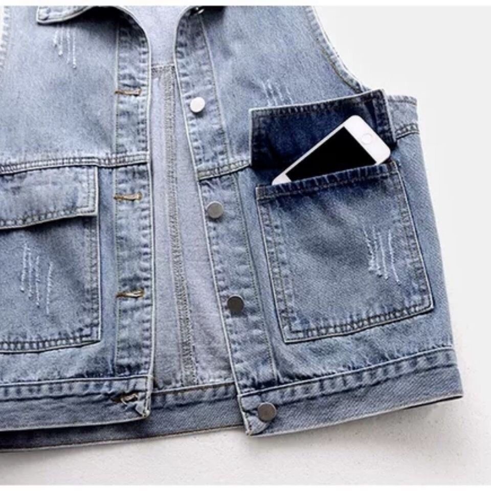 Denim vest Women's short style 2022 Spring and Summer New simple large pocket sleeveless vest all-purpose cardigan