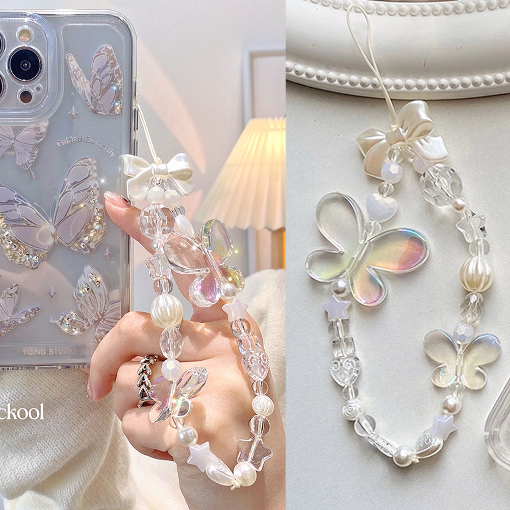 Dây Đeo Điện Thoại Bằng Acrylic Mềm Chống Thất Lạc Hình Bướm Màu Laser Đính Hạt Ngọc Trai Dễ Thương