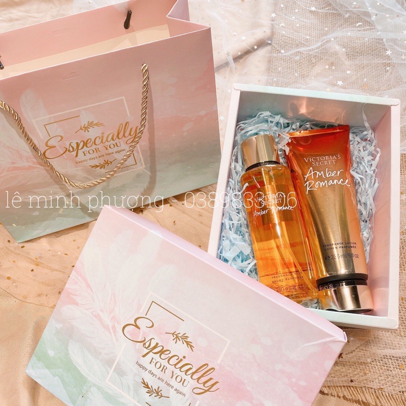 set xịt dưỡng thể body mist và lotion kem dưỡng victoria secret amber ,aqua kiss ,velvet petals