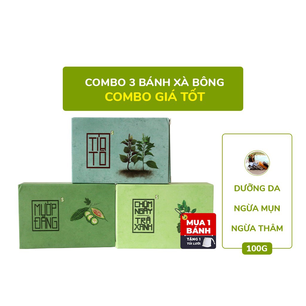 Combo 3 bánh xà bông chiết xuất từ thiên nhiên  tặng 3 túi lưới