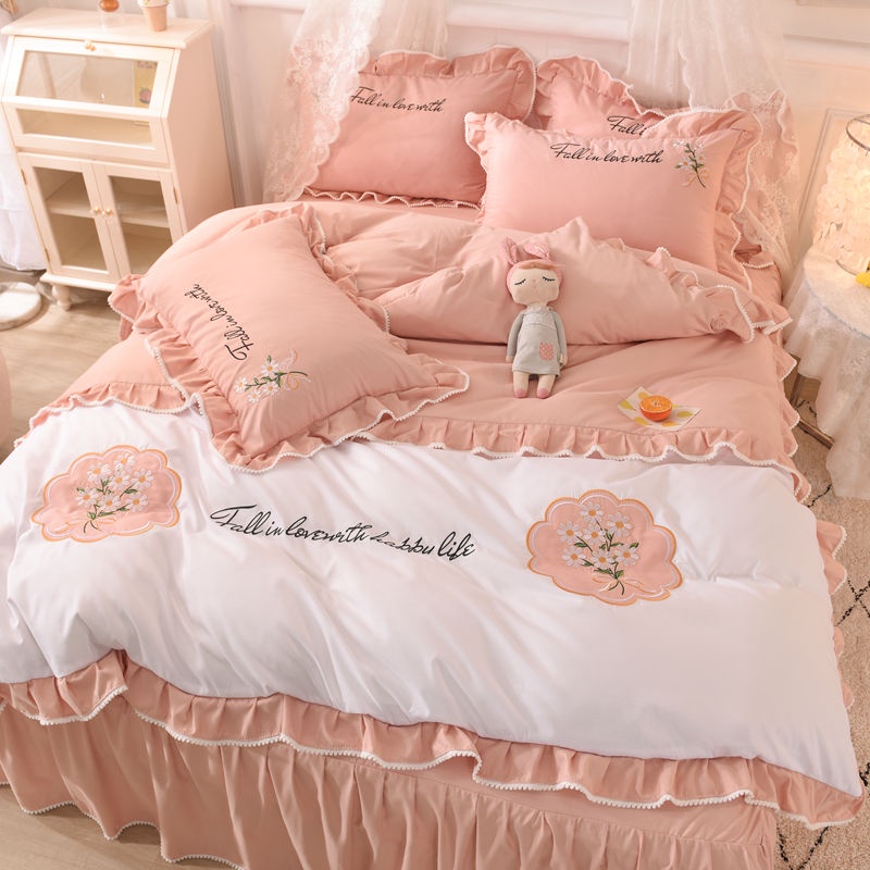 Korean princess style four seasons cotton bed skirt four piece set net red embroidered quilt cover lace bedspread sheet fitted sheet bedspread