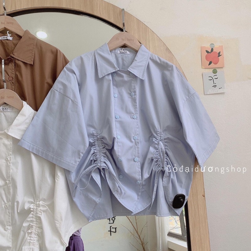 Áo Croptop Sơ Mi Cộc Tay Thiết Kế Dây Rút Nữ Tính Ngọt Ngào