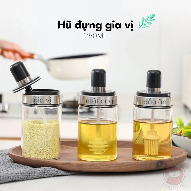 Hũ đựng gia vị, mật ong, lọ đựng gia vị kèm thìa bằng thủy tinh chịu nhiệt cao cấp 250ML mẫu 2021