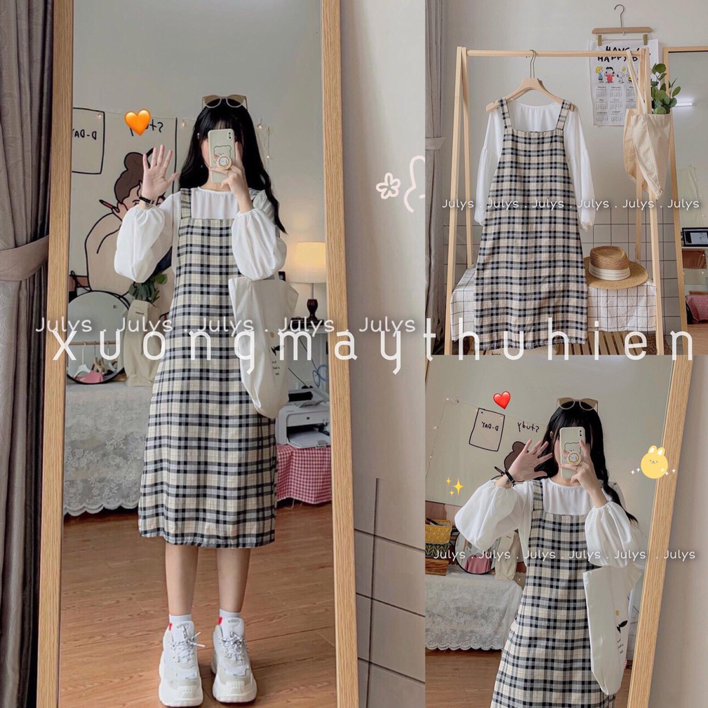 Set áo chun tay bồng kèm yếm kẻ babydoll dáng dài ulzzang cá tính/ Áo thun trơn dài tay mix yếm caro dáng suông hàn quốc