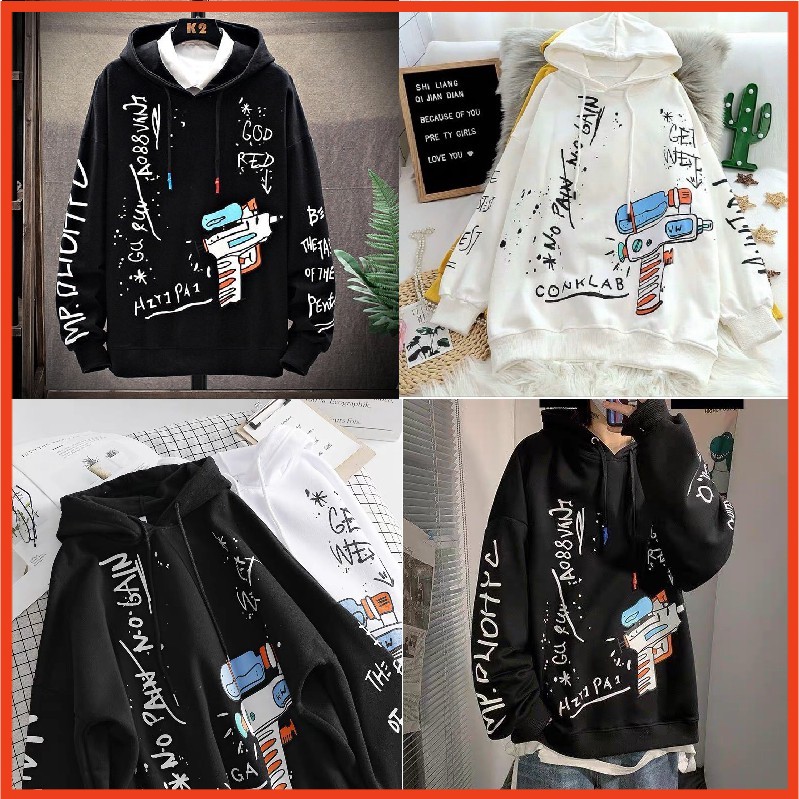 ÁO HOODIE UNISEX NAM NỮ MÀU ĐEN TRẮNG IN SÚNG NƯỚC VẢI NỈ POLY AO HOODIE FREE SIZE DƯỚI 65KG | BigBuy360 - bigbuy360.vn