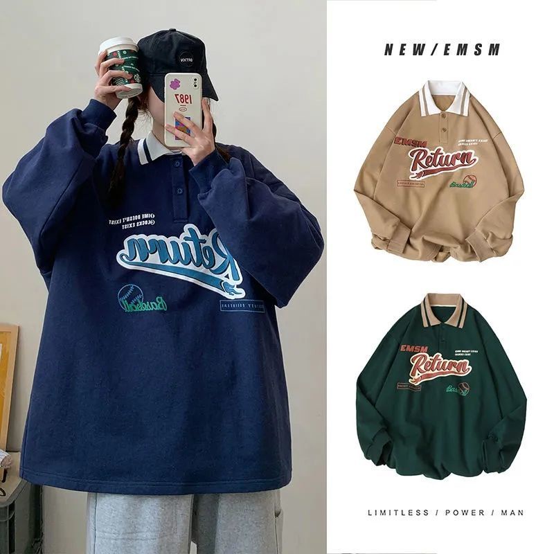 Áo Sweatshirt Dáng Rộng Cổ Polo In Chữ Phong Cách Mùa Thu Cho Cặp Đôi