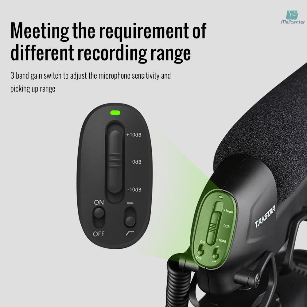 SGC-600 On-camera Condenser Interview Microphone Mic Super-cardioid 3-level Gain Control Low Cut Switch 3.5mm Plug with Windscreen Cold Shoe Mount Compatible with DSLR Cameras Camcorders