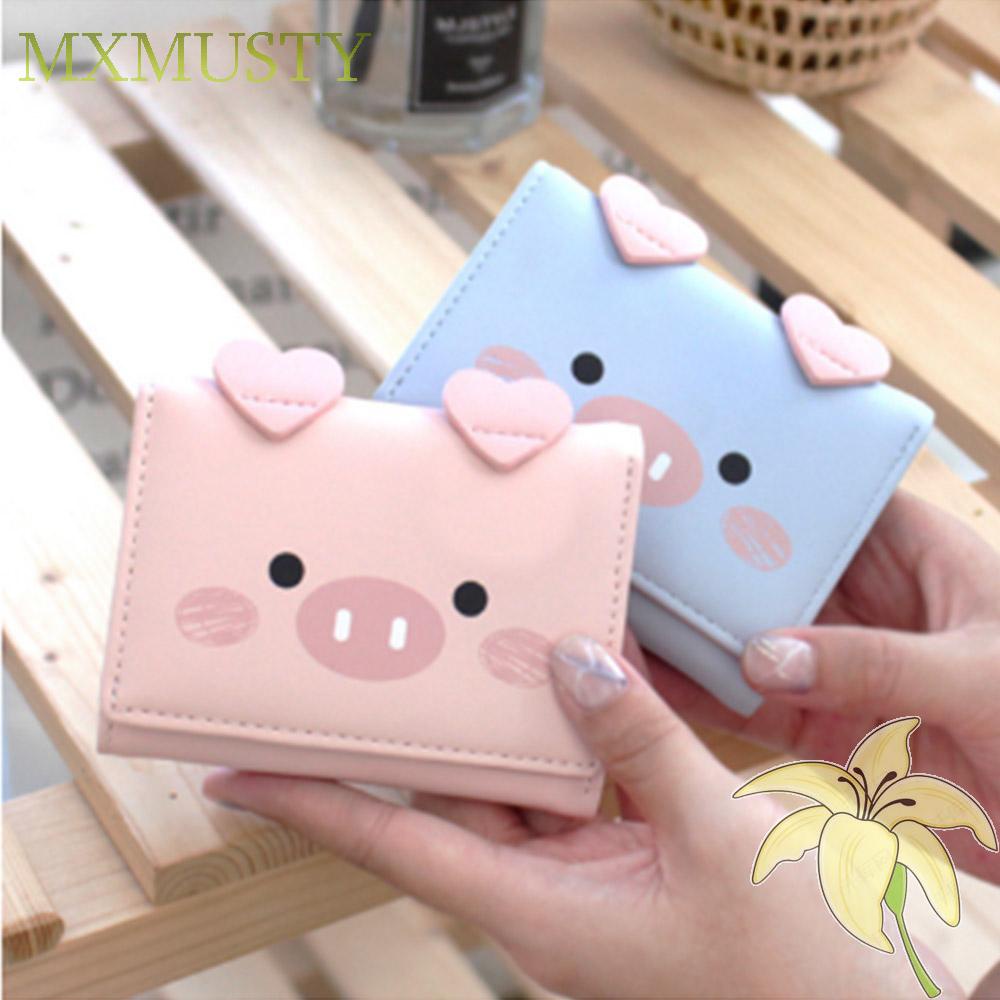 Ví cầm tay đựng tiền xu chất da PU hình lợn con kiểu 3 nếp gấp đáng yêu