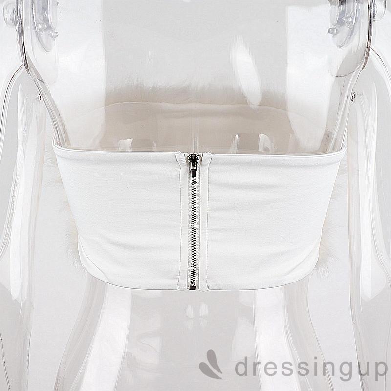 Dre- Áo Ống Quây Hở Vai Màu Trơn Viền Lông Có Khóa Kéo Sau Lưng Cho Nữ