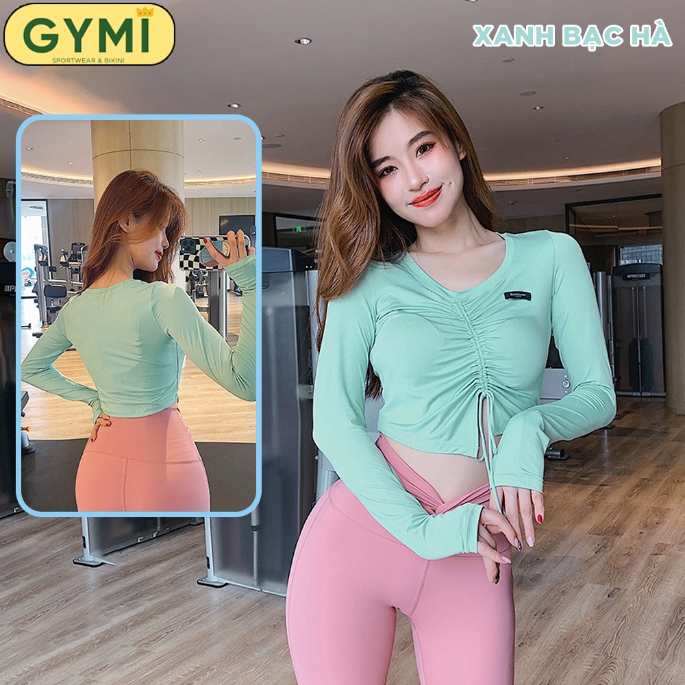 Áo tập gym yoga nữ dài tay GYMI AD20 dáng croptop thể thao chất thun mịn có dây rút co giãn sexy