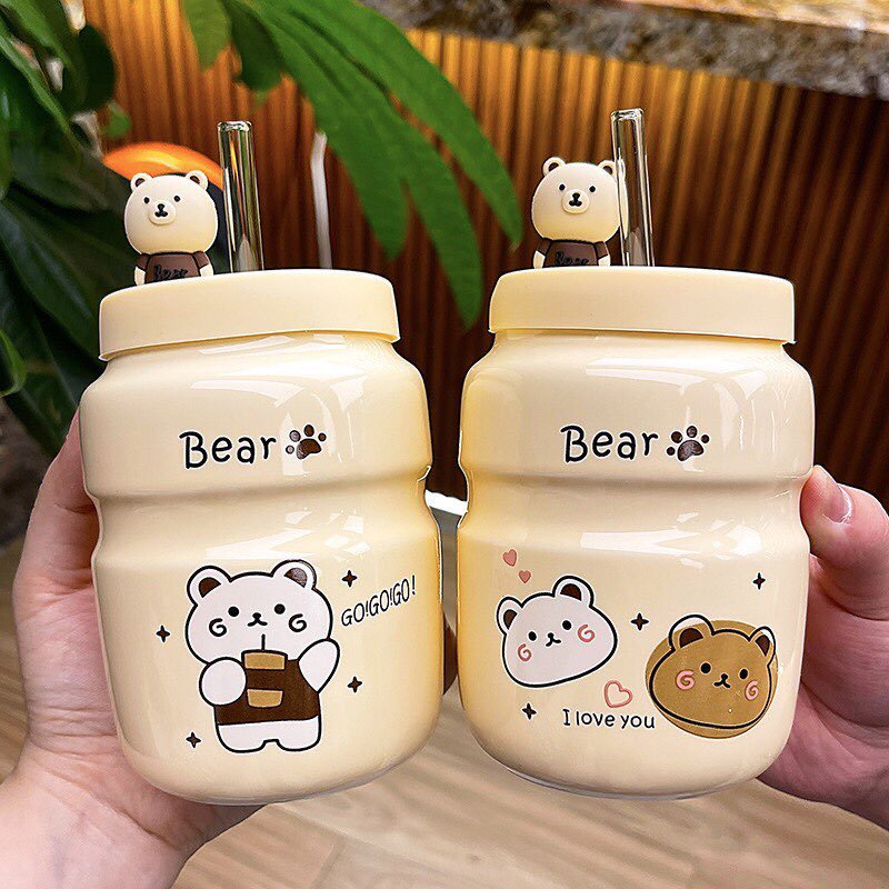 Bình nước hình gấu Bear kèm ống hút nhiều mẫu mã dễ thương Cốc Cốc dùng để uống nước, pha trà, cà phê, quà tặng bạn bè