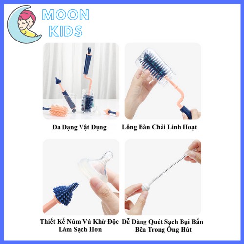 Bộ Cọ Rửa Bình Sữa Silicone BellyBaby Cao Cấp Tay Cầm Xoay 360 độ - Bộ 3in1 - Tặng Kèm 1 Cọ Ống Hút Nước