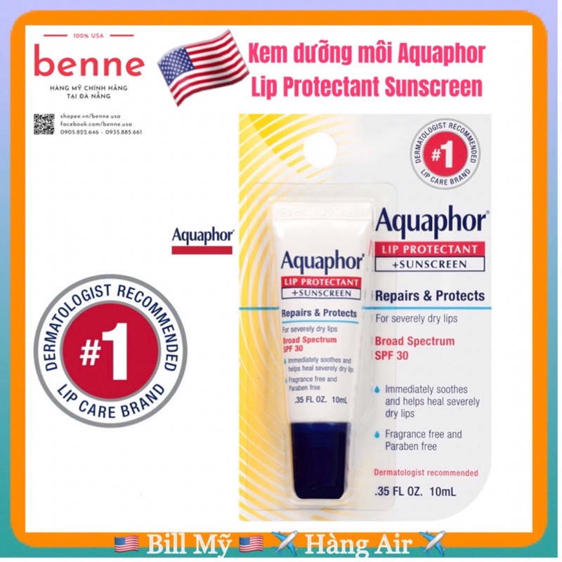 Son dưỡng môi khô nẻ chống nắng Aquaphor Lip Protectant and Sunscreen - Broad Spectrum SPF 30 10ml của Mỹ