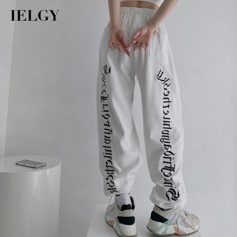 IELGY Quần Dài Ống Túm Dáng Rộng In Chữ Phối Dây Rút Cá Tính