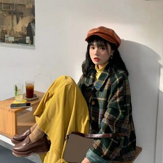 (sẵn) áo khoác dạ kẻ retro phong cách Hàn Quốc